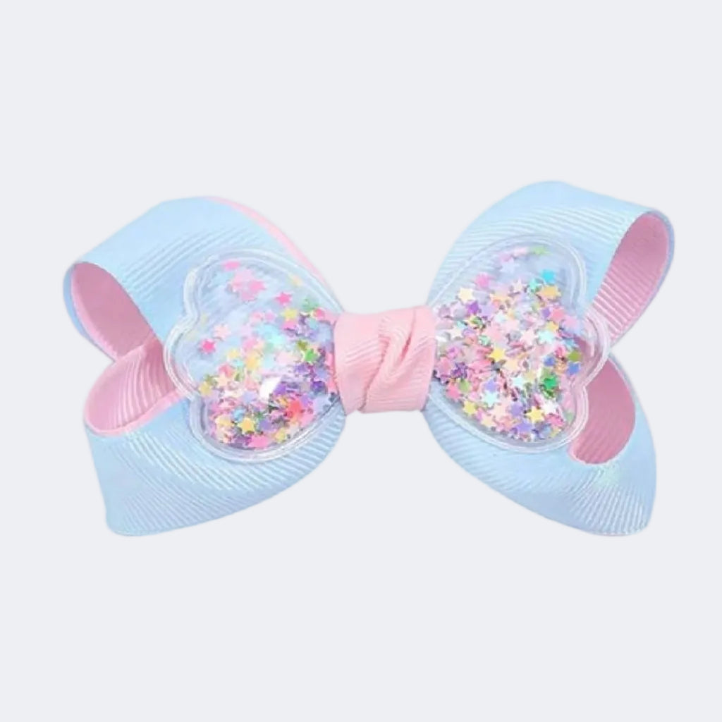 Light blue and pink hair bow with colorful confetti