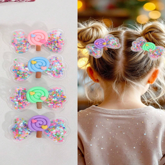 Set of colorful hair clips with a child wearing them in their hair.