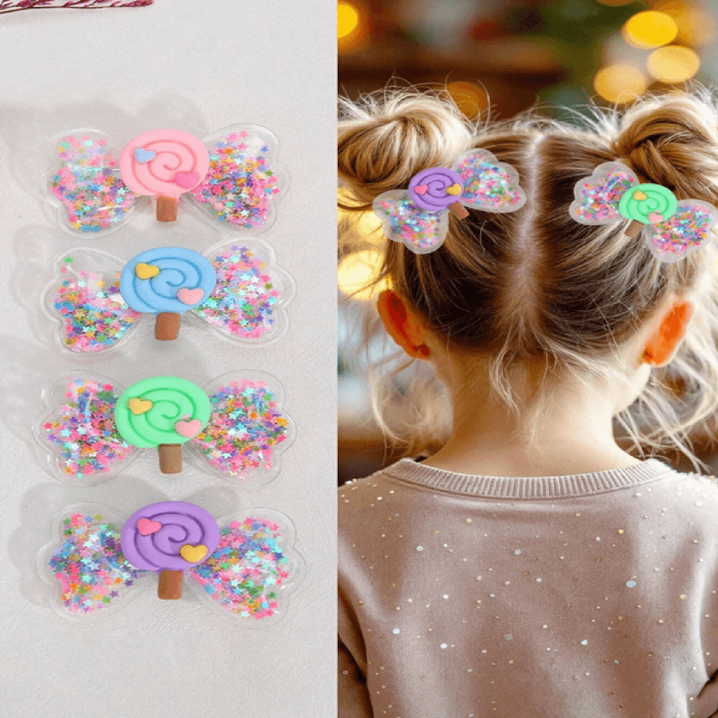 Colorful hair clips with sprinkles on a white background and a child wearing them.