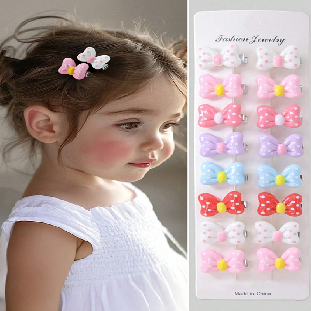 Child with colorful hair bows and a display of hair bow clips on a card.