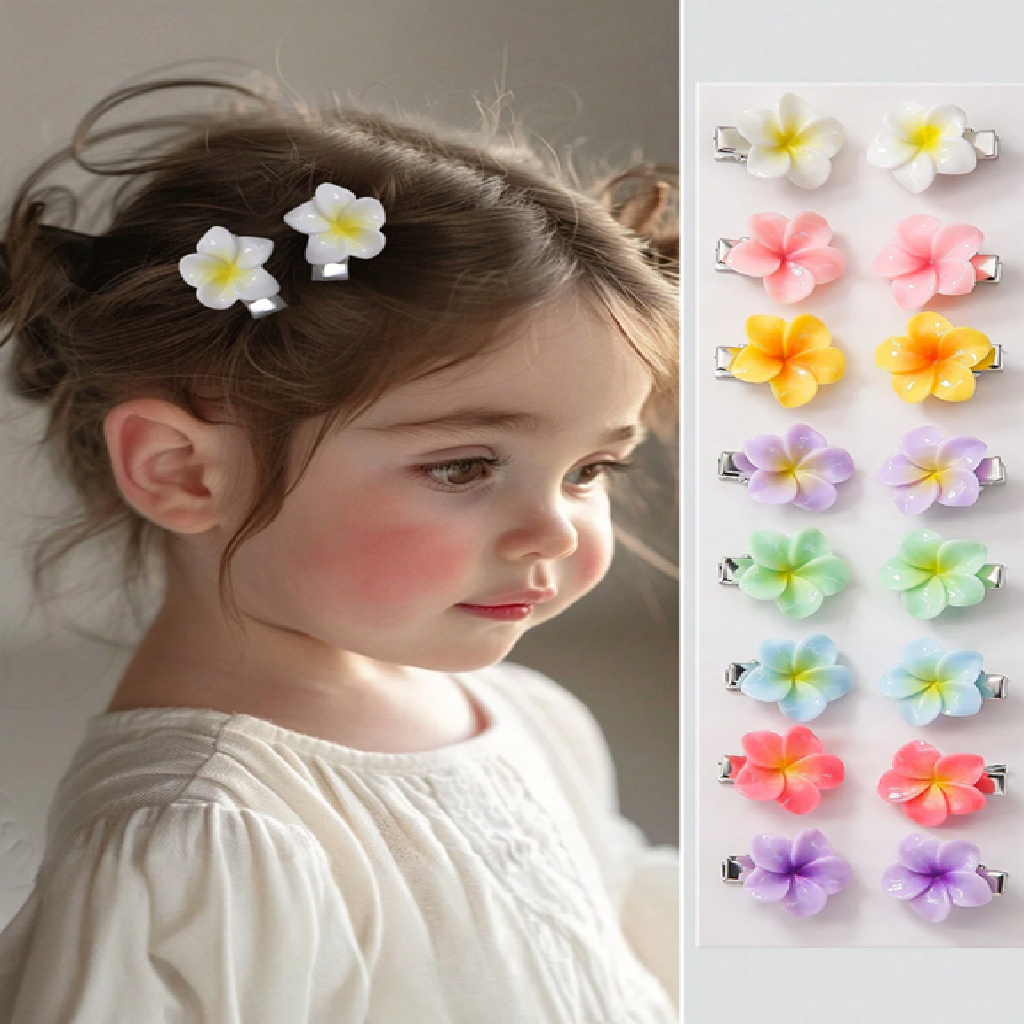 Child with floral hair clips and a display of colorful flower-shaped hair clips.