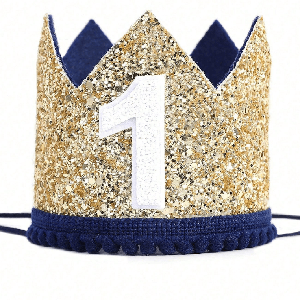 Gold glittery birthday crown with number '1' on a white background