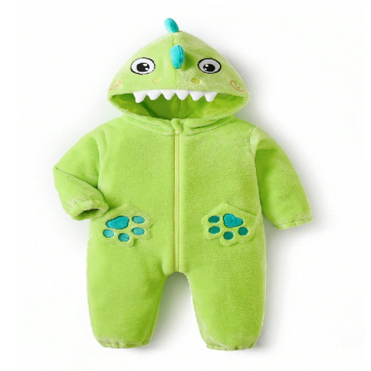 Green baby onesie with dinosaur design on a white background