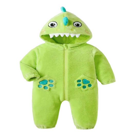 Green baby onesie with dinosaur design on a white background