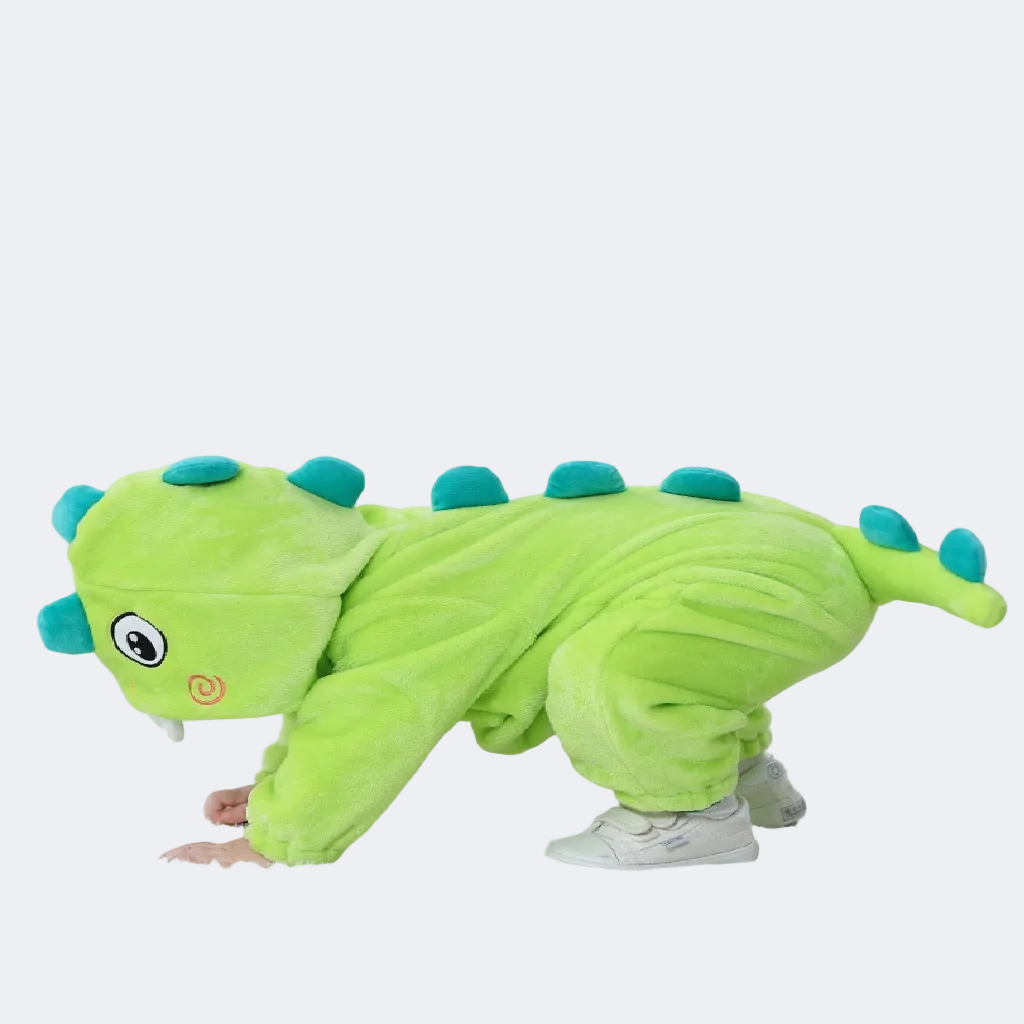 Green dinosaur costume on a white background
