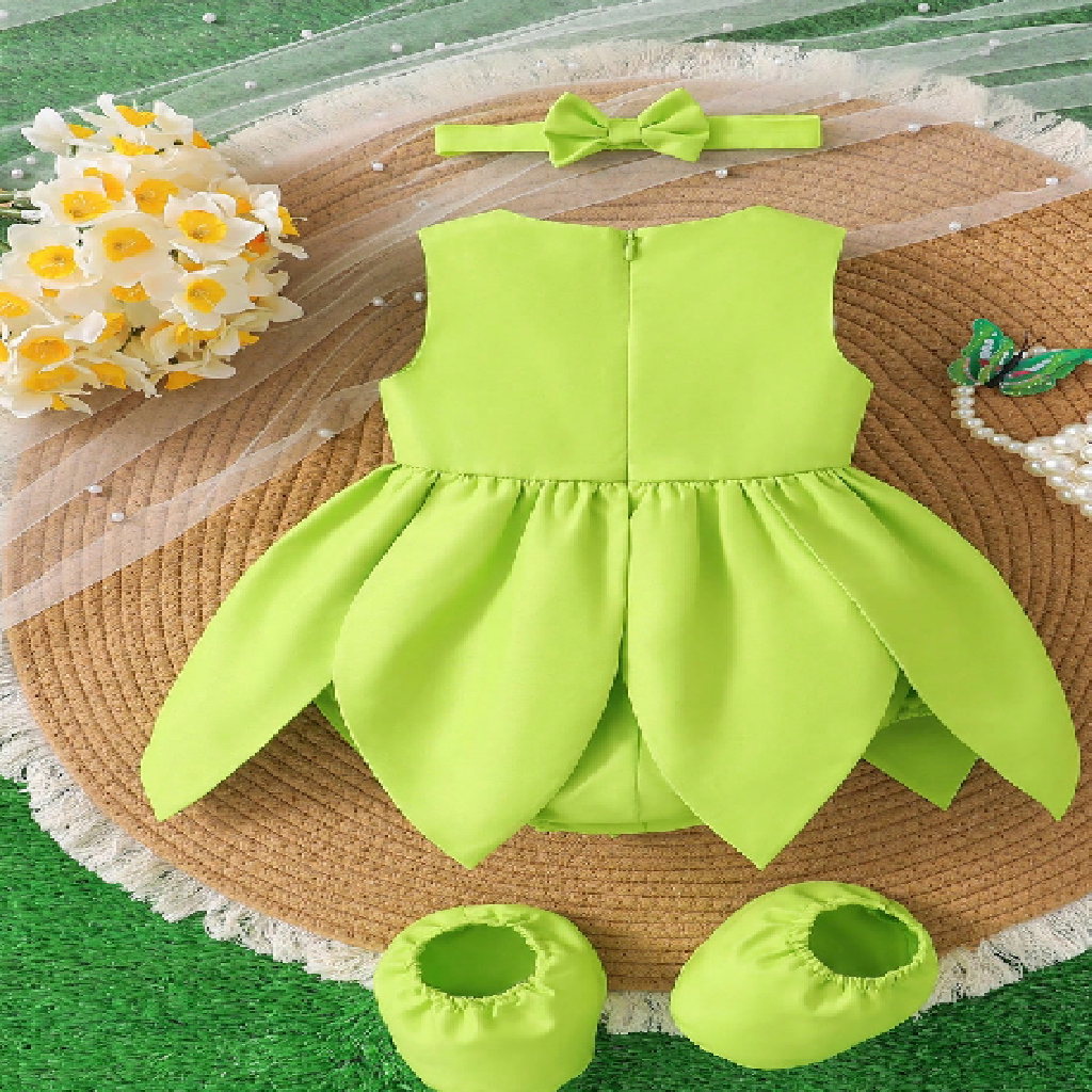 Green baby dress set with headband and shoes on a textured surface with flowers.