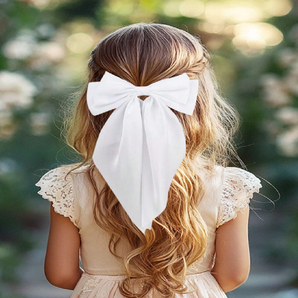 Girl with long blonde hair wearing a large white bow, standing outdoors with a blurred natural background.