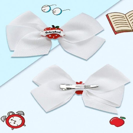 White hair bow with red center and 'Go to School' text on a light blue background