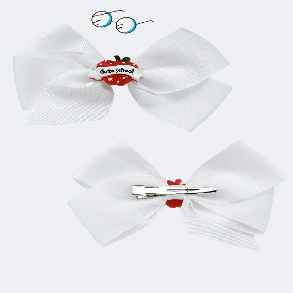 White hair bow with red center and 'Go to School' text on a light blue background