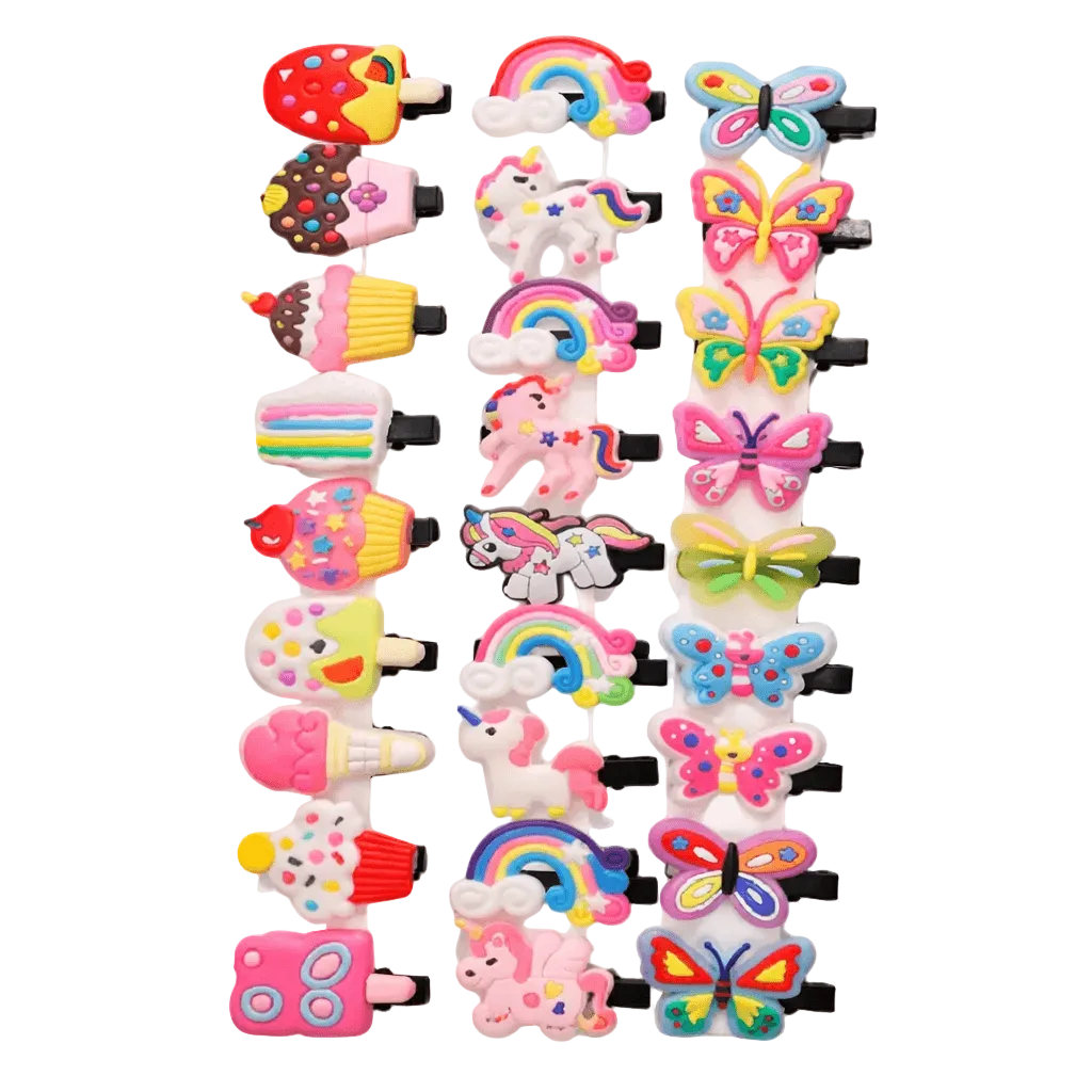 Collection of colorful children's hair clips on a white background
