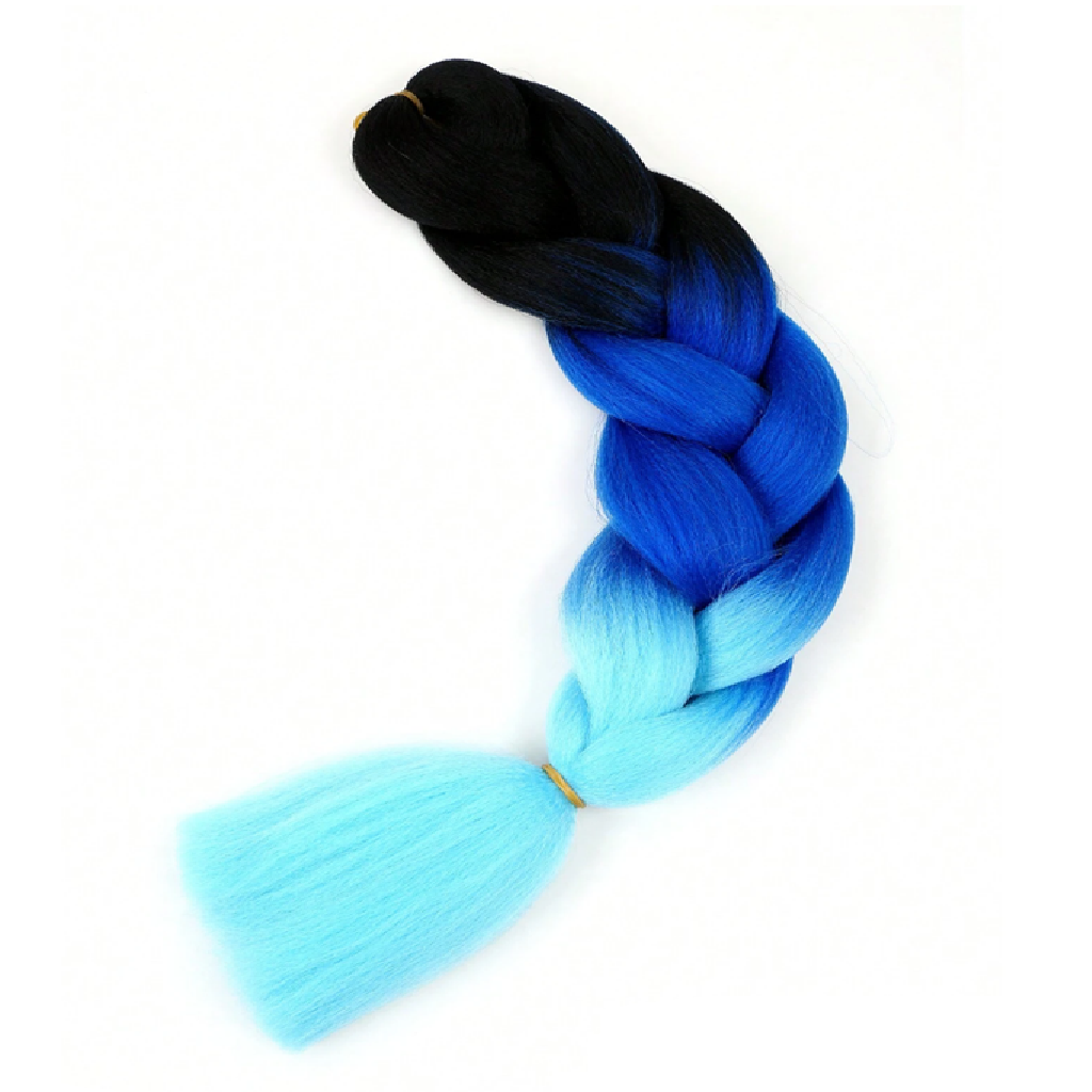 Braided hair extension with black, blue, and light blue color gradient on a white background