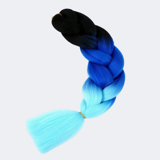 Braided hair extension with black, blue, and light blue color gradient on a white background