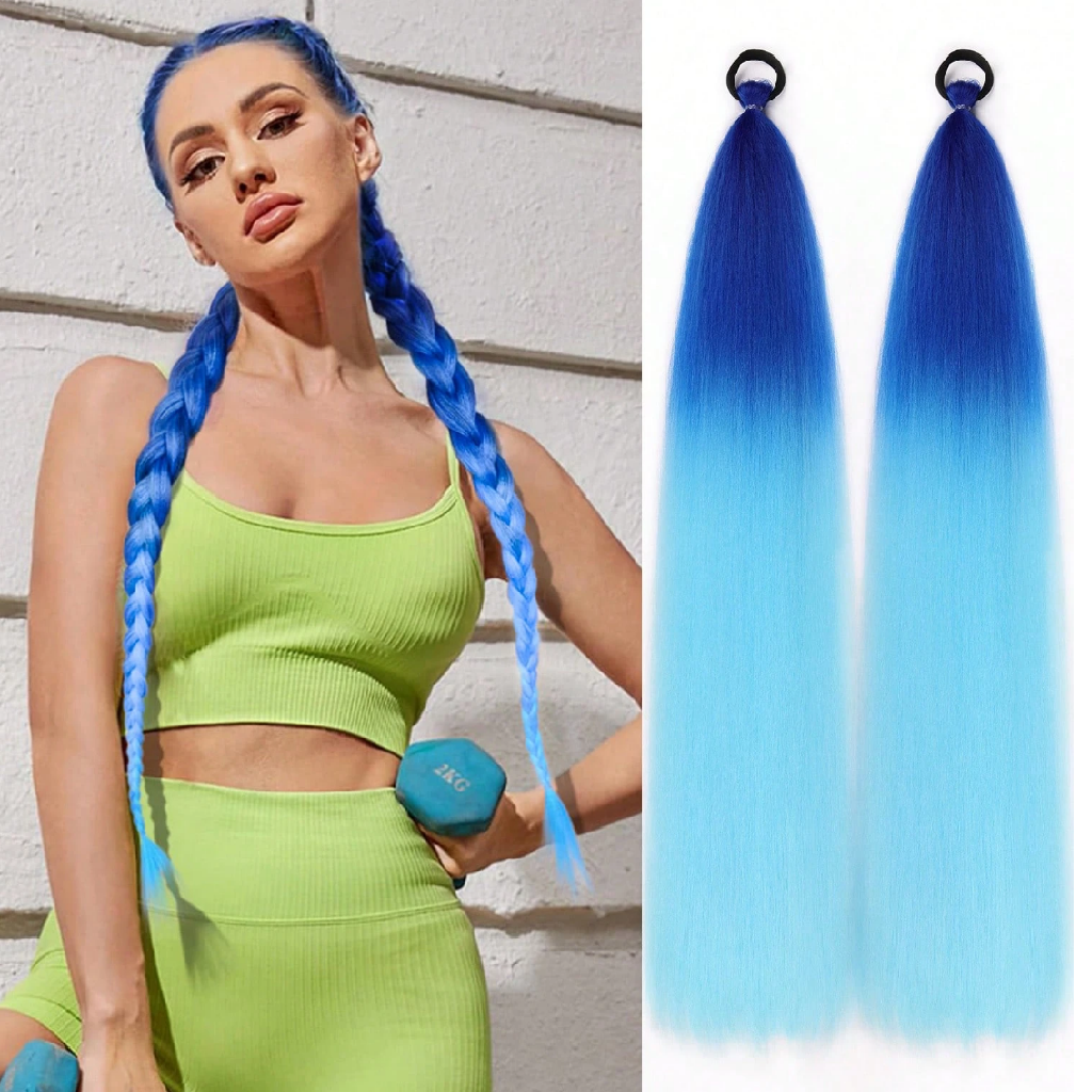 Woman with blue hair styled in braids next to blue ombre hair extensions.