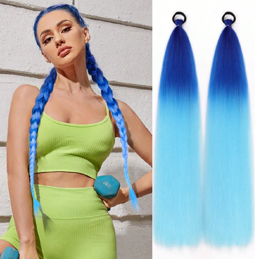 Woman with blue hair styled in braids next to blue ombre hair extensions.
