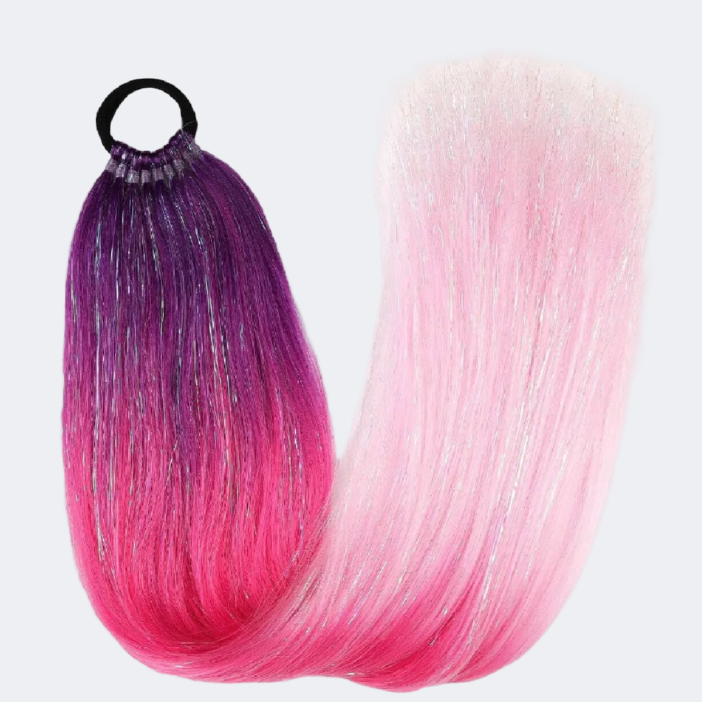 Hair extension with purple to pink gradient on a white background