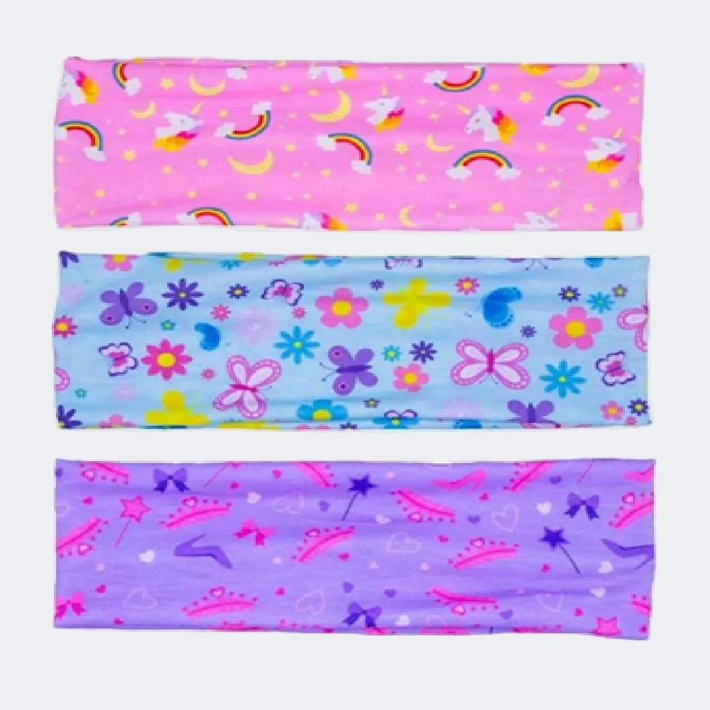 Three colorful headbands with different patterns on a white background