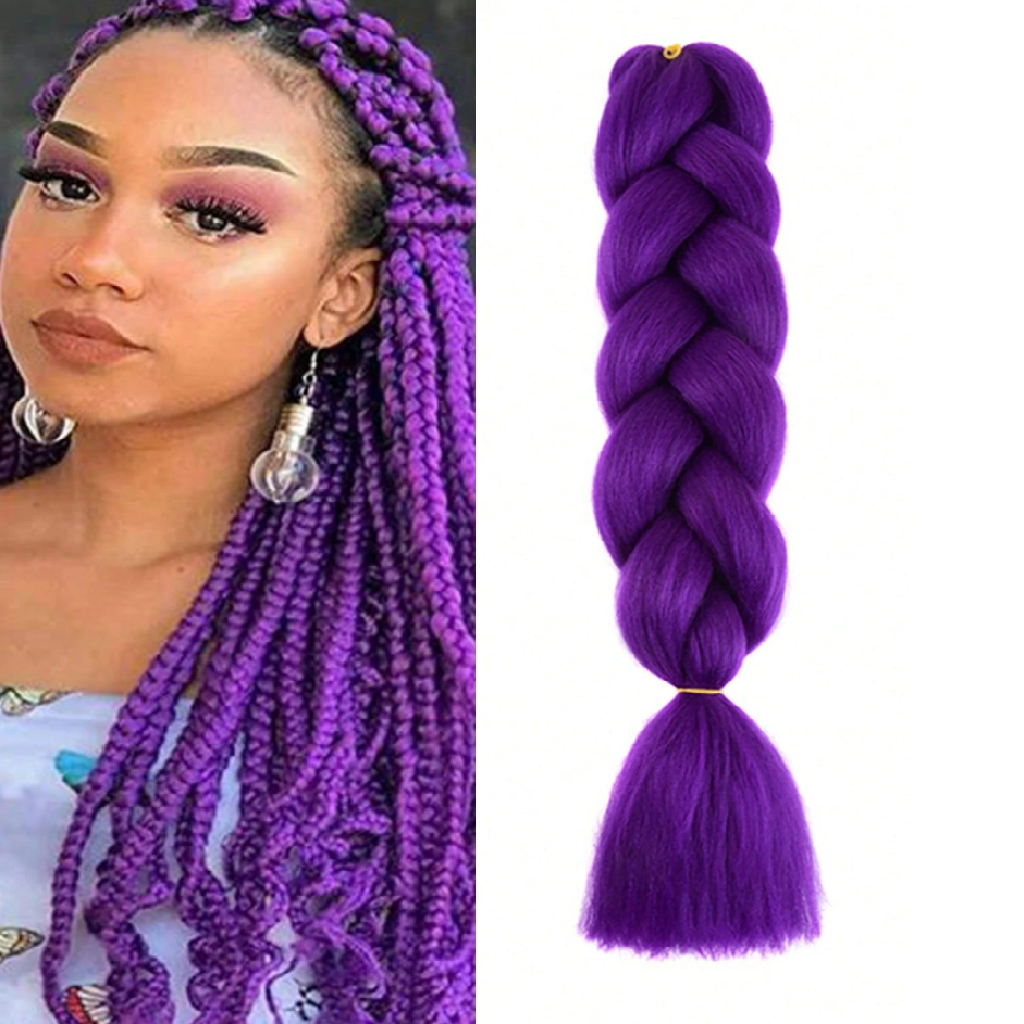 Woman with purple braided hair next to a close-up of a purple braided hair extension.