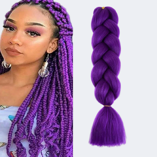 Woman with purple braided hair next to a close-up of a purple braided hair extension.