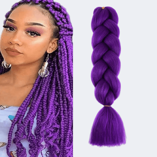 Woman with purple braided hair next to a close-up of a purple braided hair extension on a white background