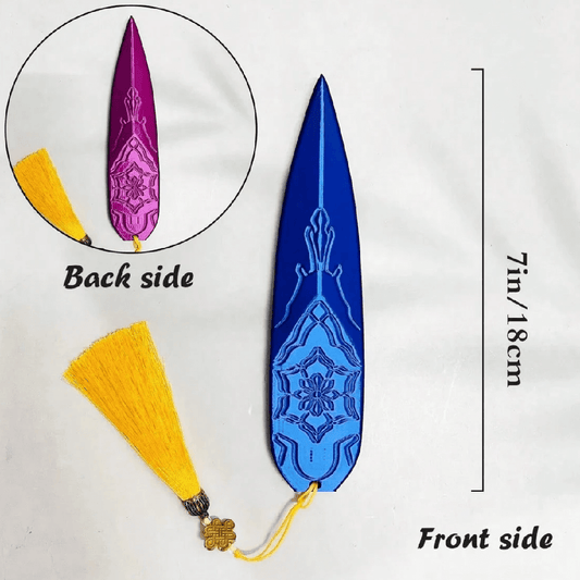 Blue decorative bookmark with yellow tassel on a white background