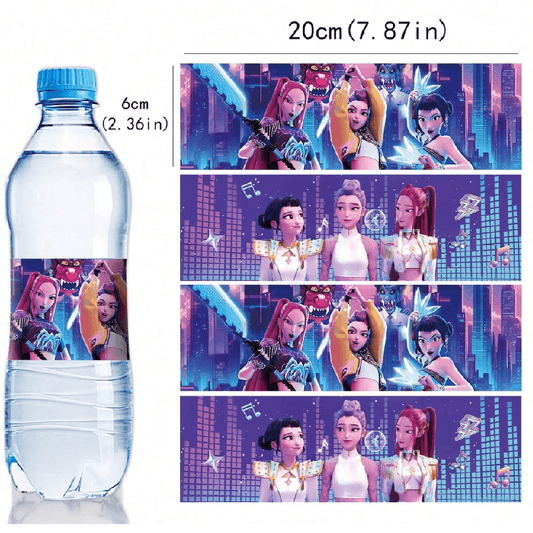 Cartoon character labels on a water bottle with size measurements