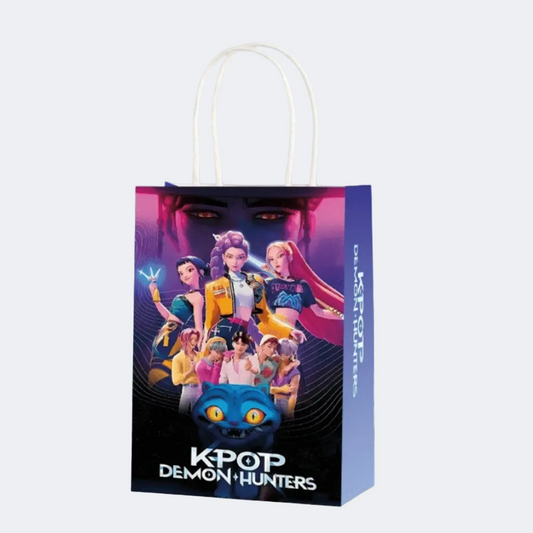 KPOP Demon Hunters promotional bag with colorful design on a light blue background
