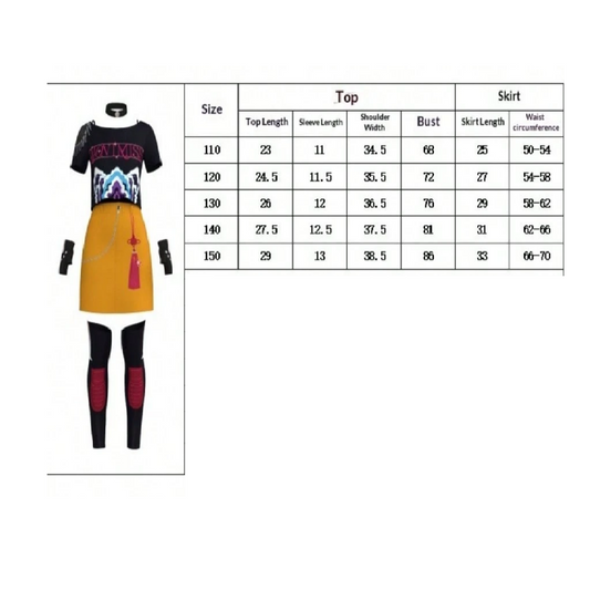 Costume with size chart on a white background