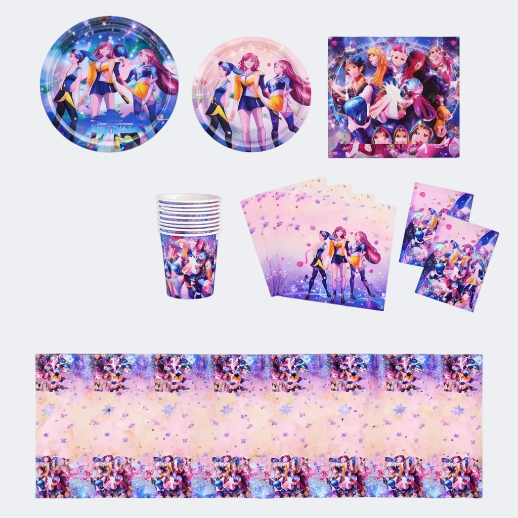 Party supplies with superhero-themed design on plates, cups, and tablecloth.