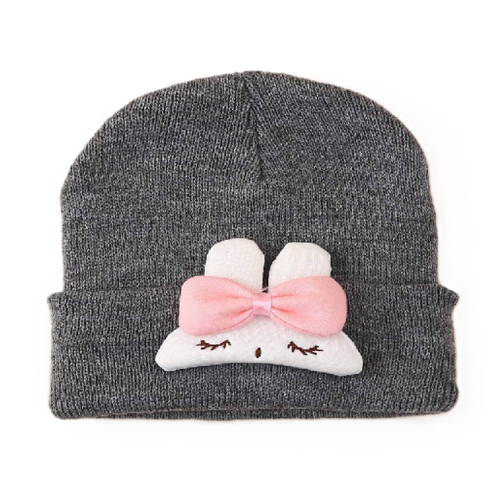 Gray knit beanie with a cartoon cloud design featuring a pink bow on a white background
