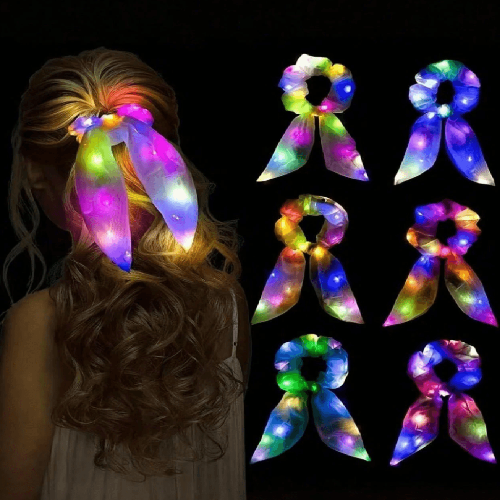 A translucent hair bow with built-in multicolor LED lights shown worn on a woman's hair on the left, and six additional views of the bow on the right against a black background.