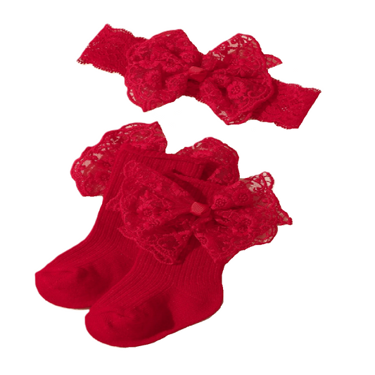 Red lace headband and socks set on a white background