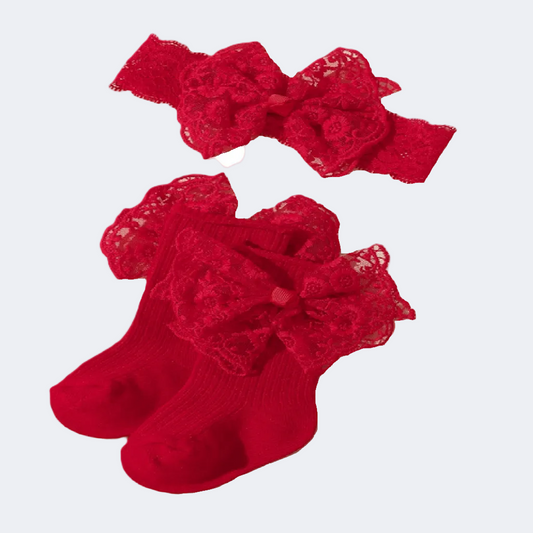 Red lace headband and socks set on a white background