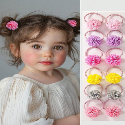 Child with floral hair accessories and a display of colorful hair ties.