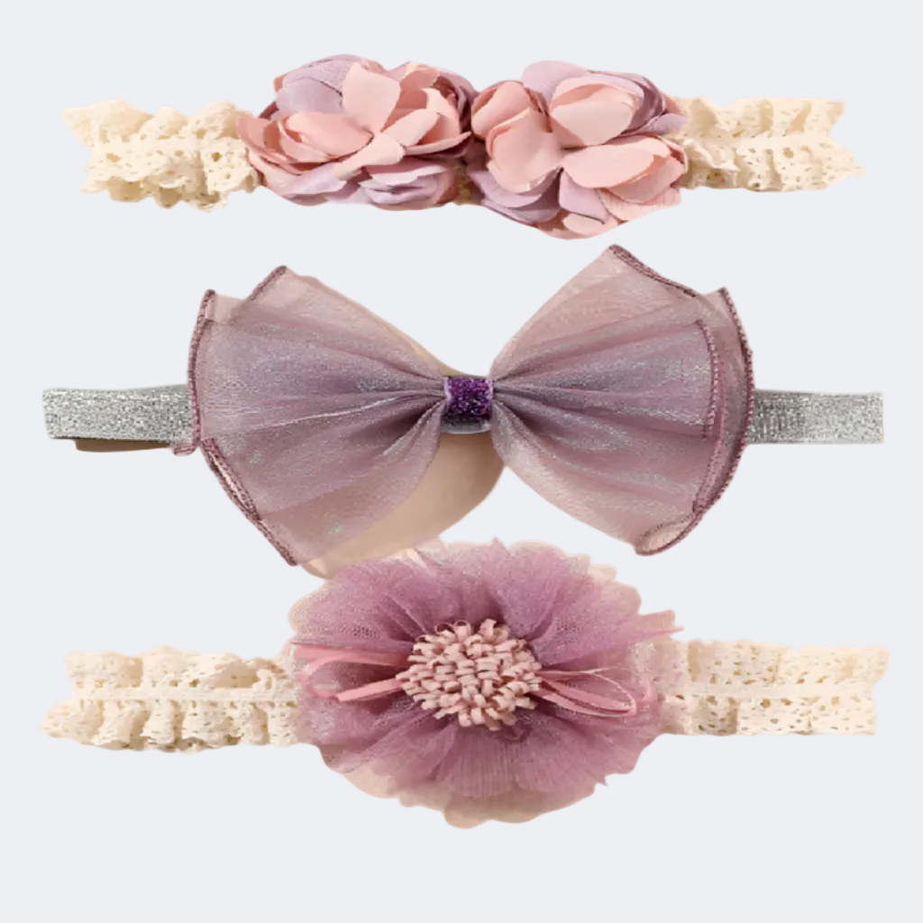 Set of three decorative headbands with flowers and bows