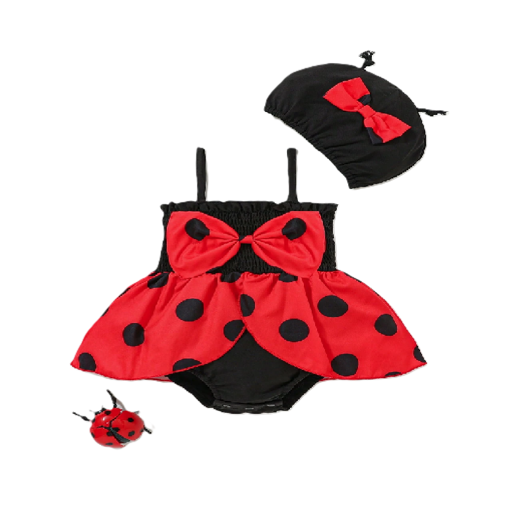 Ladybug-themed baby outfit with red and black polka dot dress, black headband, and small ladybug toy on a white background.