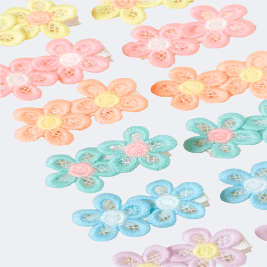 Colorful flower-shaped buttons on a white background