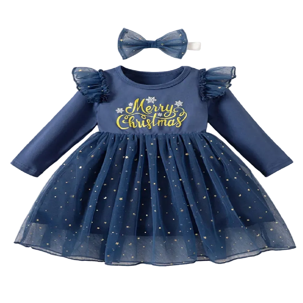 Navy blue dress with 'Merry Christmas' text and matching headband on a white fur background.