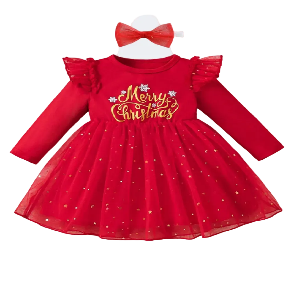 Red 'Merry Christmas' dress with matching headband on a festive background