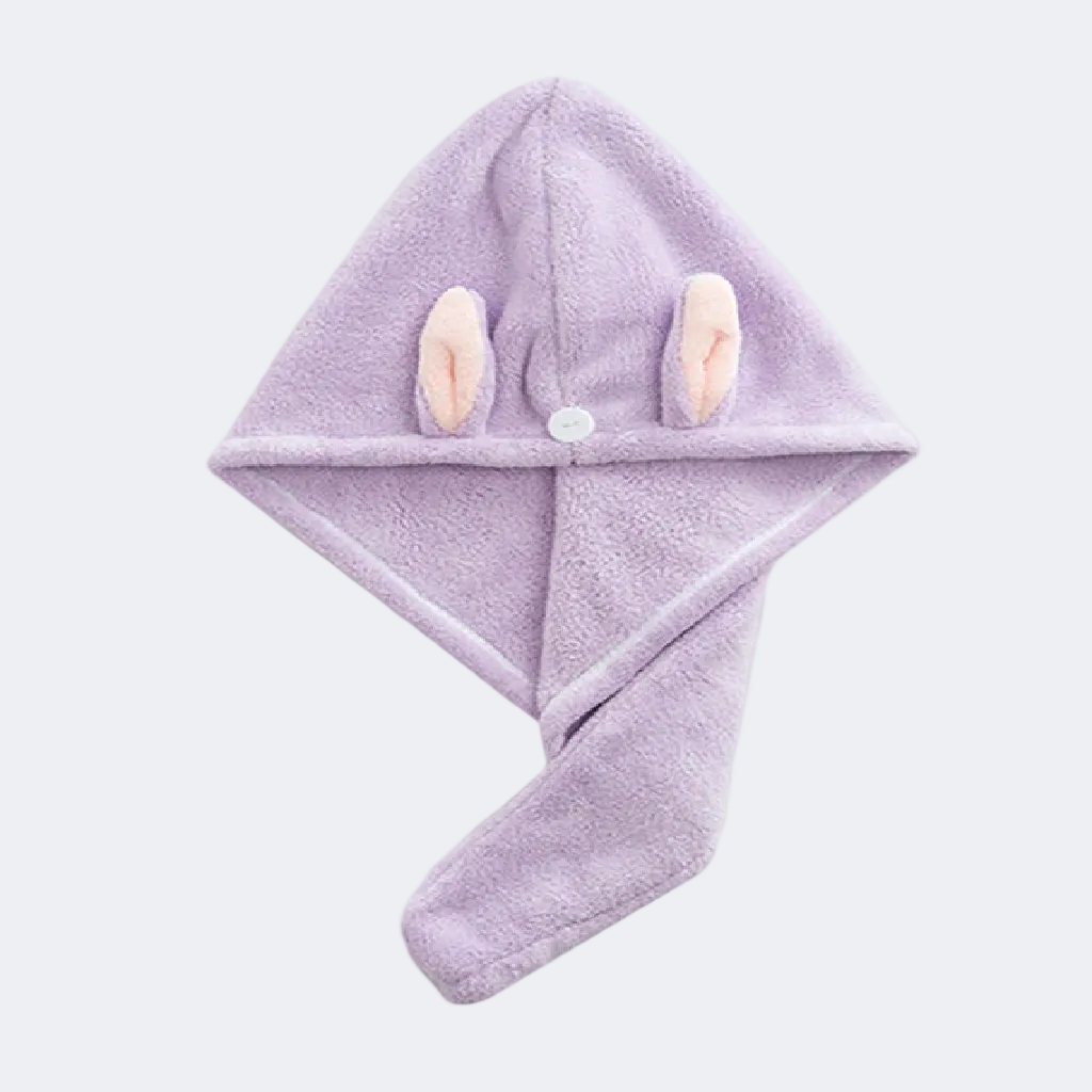 Purple hooded towel with bunny ears on a white background