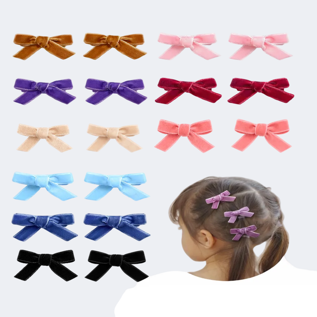 Collection of colorful hair bows with a child wearing a purple bow.