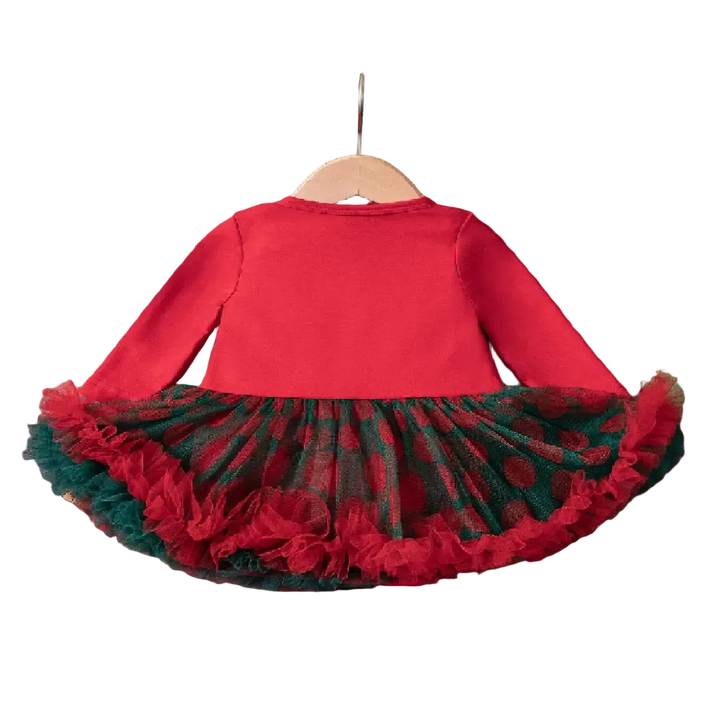 Soft red cotton bodysuit with a festive Christmas tree print and a layered tulle skirt in red and green polka dots
