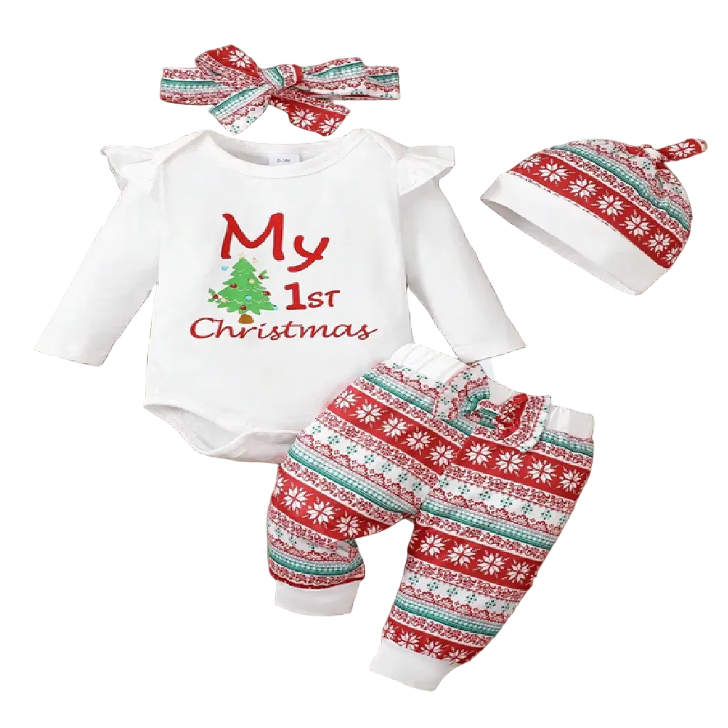 Christmas-themed baby outfit with 'My 1st Christmas' onesie, pants, hat, and headband on a wooden surface.