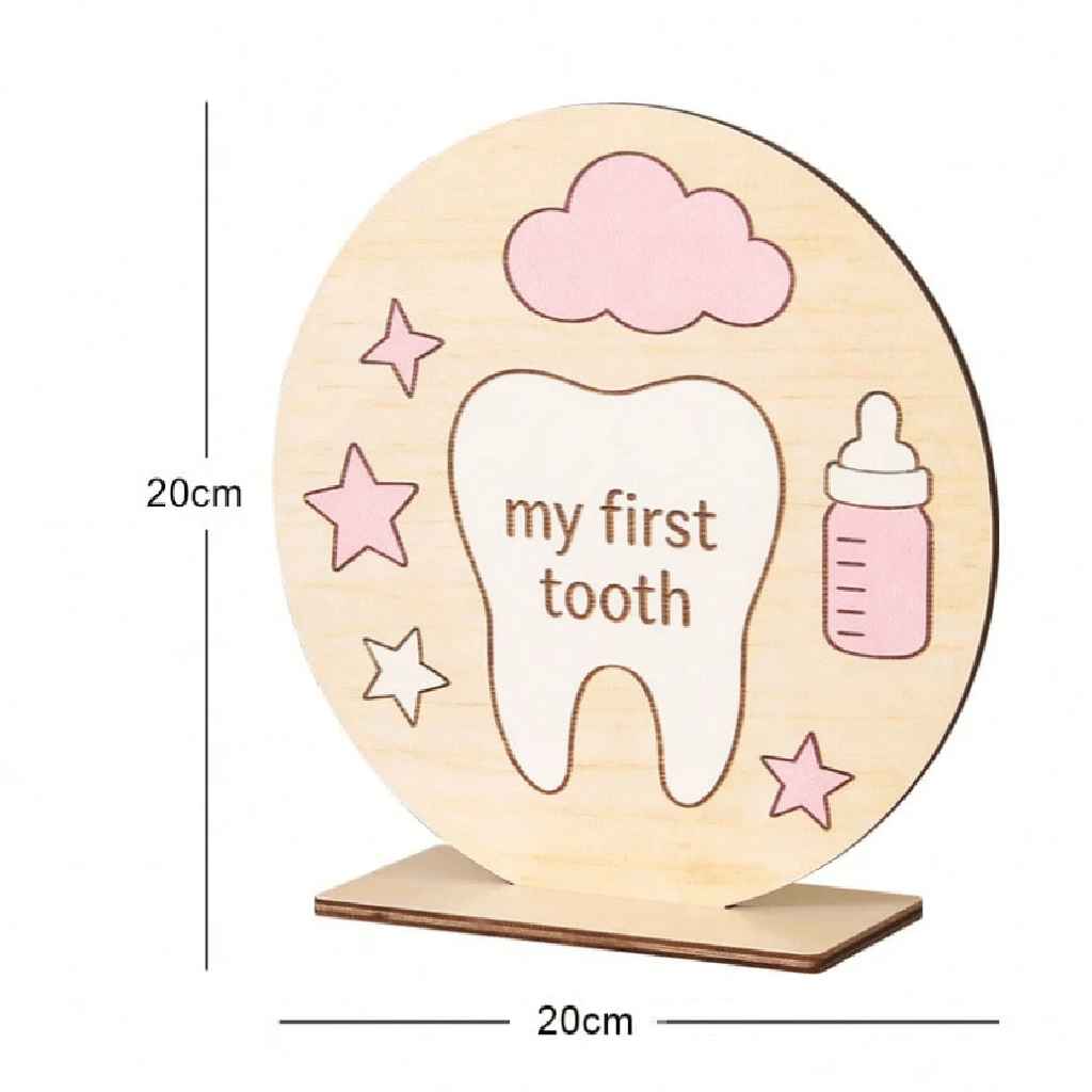 Wooden plaque with 'my first tooth' text and baby bottle illustration, measurement details included.