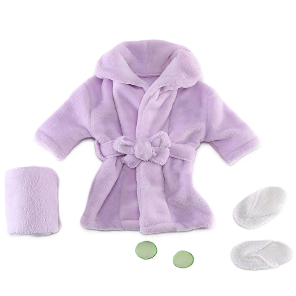Lavender plush robe with matching items on a white background