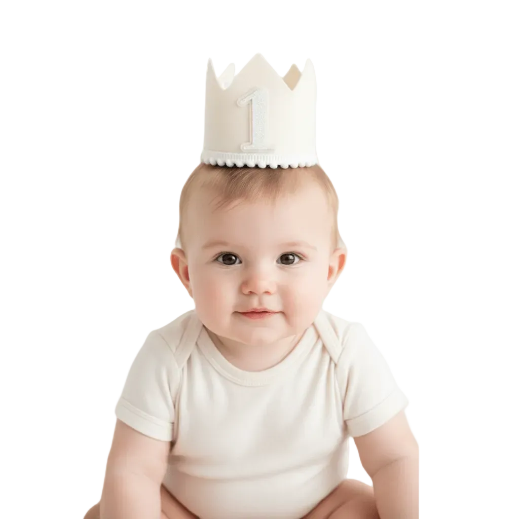 Baby wearing a white birthday crown with the number 1 on a white background
