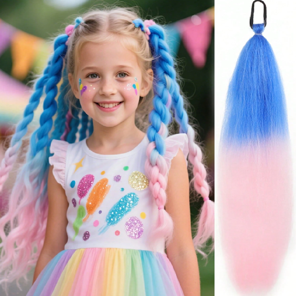 Child with colorful braided hair and a close-up of blue and pink hair extensions.