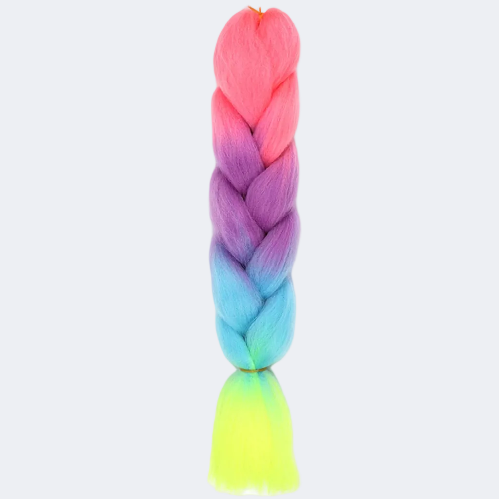 Colorful braided hair extension with pink, purple, blue, and green colors on a white background.