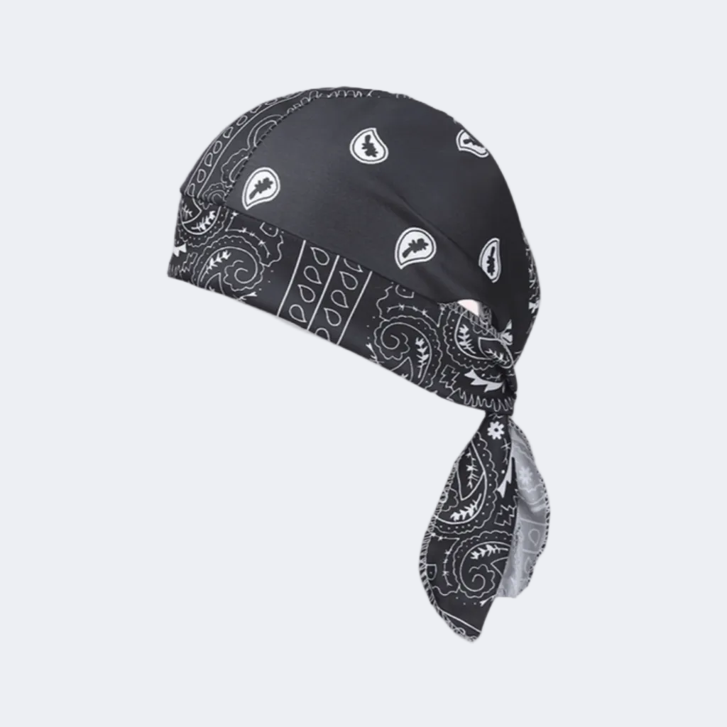 Black bandana with white patterns on a white background