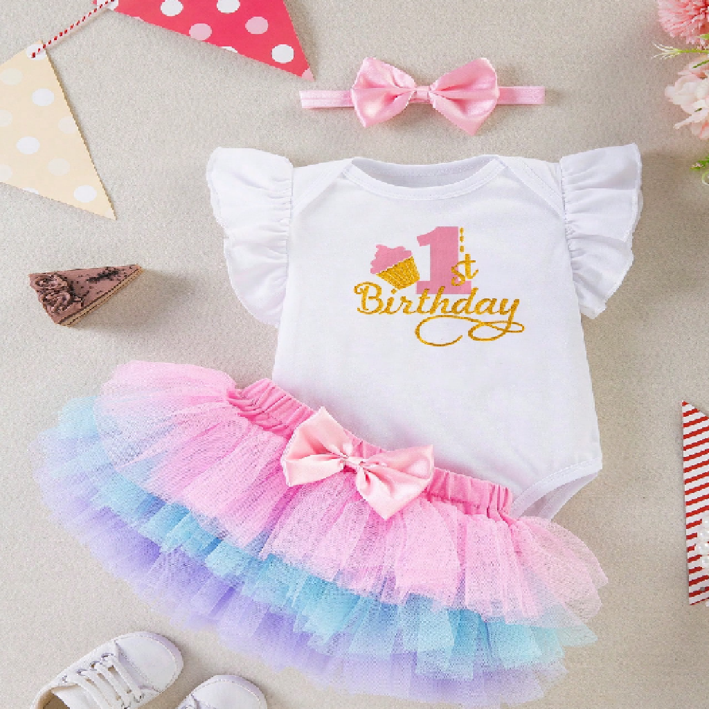 Pastel 1st Birthday Outfit with Headband Baby Girl 3-Piece Set