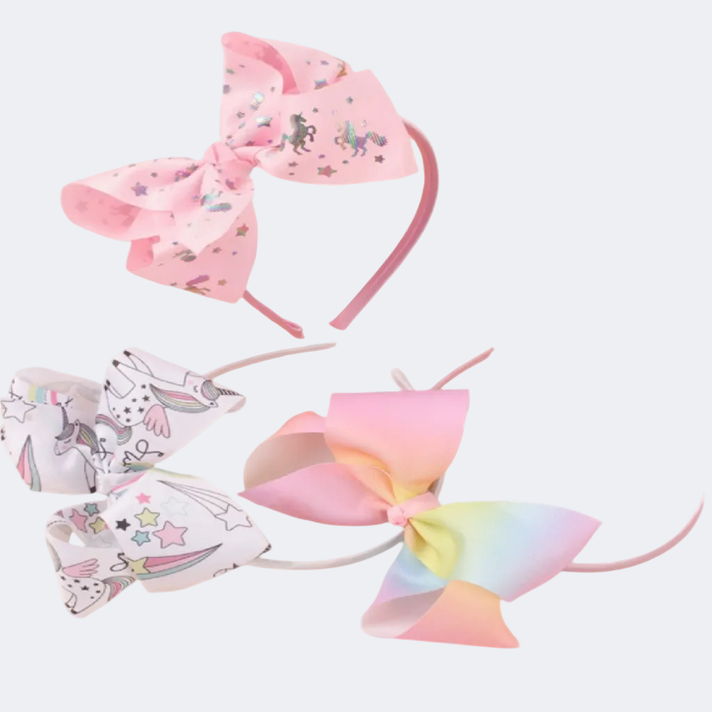 Three colorful headbands with bow designs